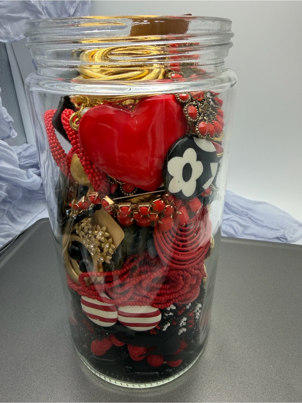 Vintage Women’s Costume Jewelry Jar in Black, Red & Gold